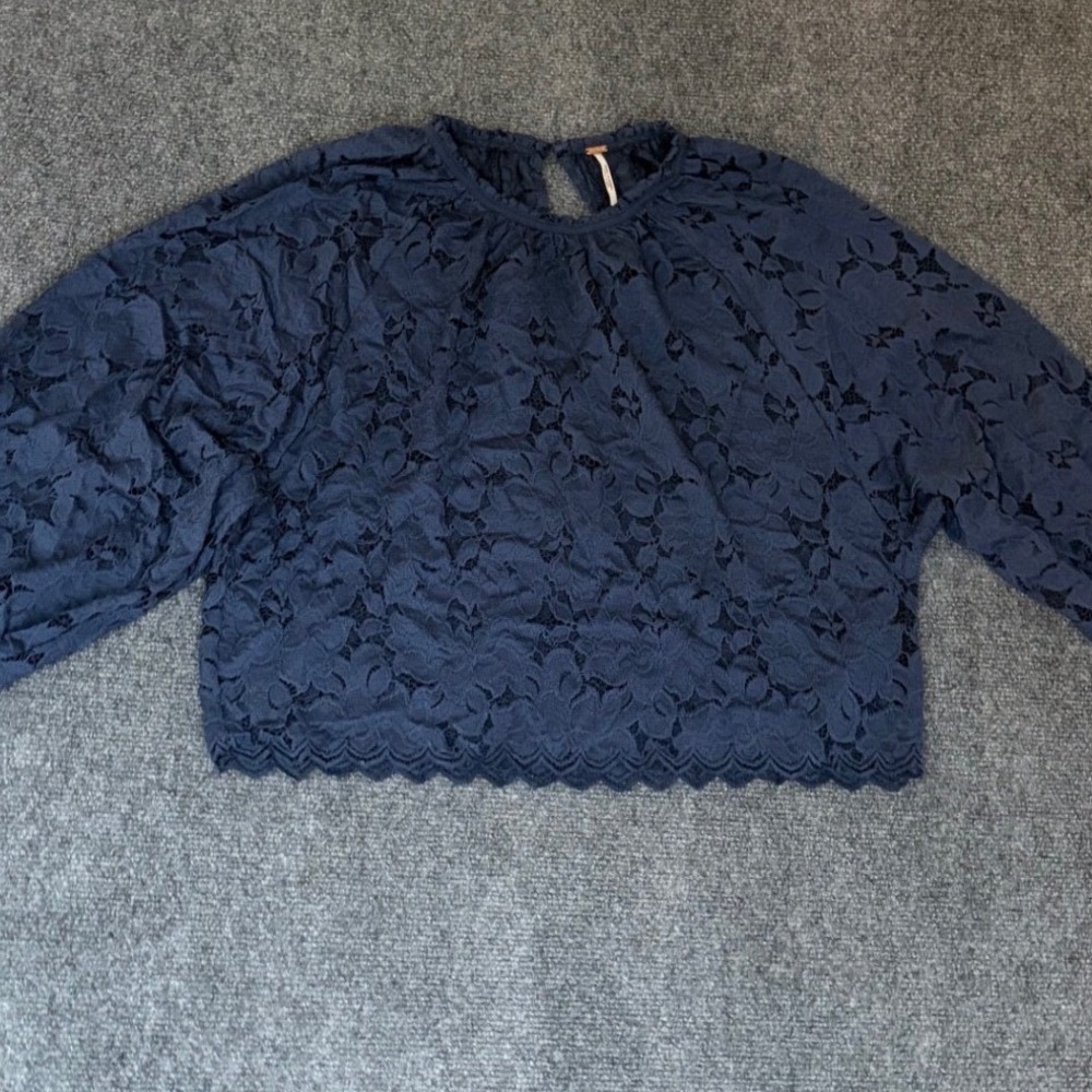 Free People Navy Blue Floral Lace Balloon Sleeve‎ Crew Neck Blouse Top XS